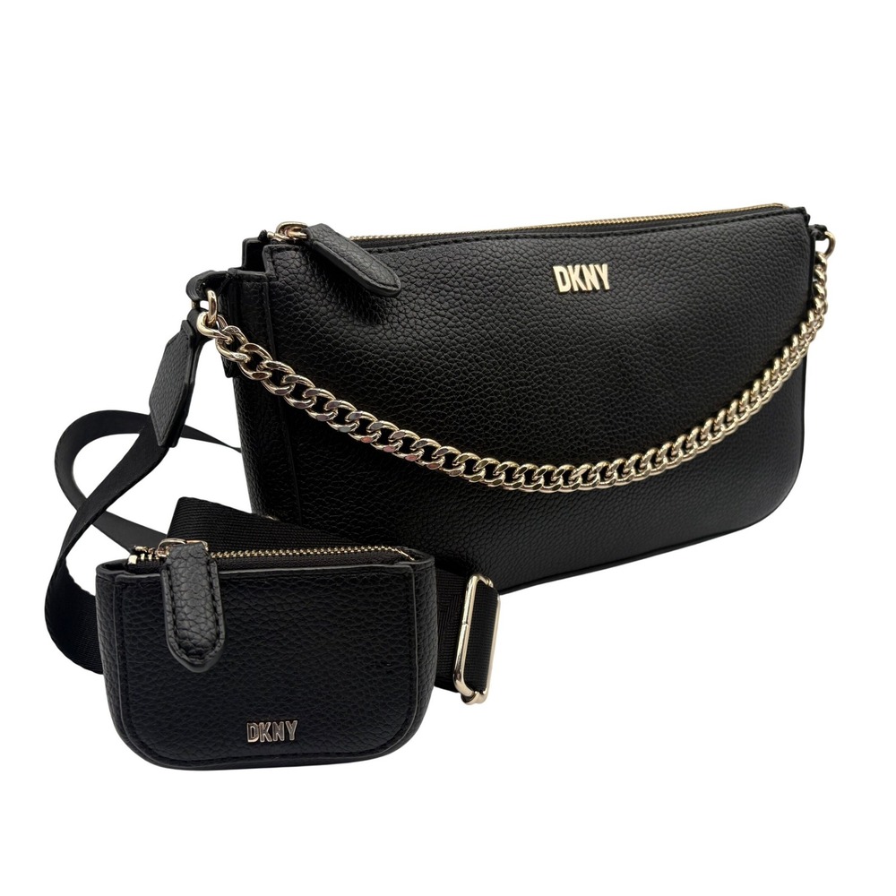 DKNY Crossbody Bag Womens Small Black Excellent Pebbled Gold Chain Logo Strap - Picture 2 of 6